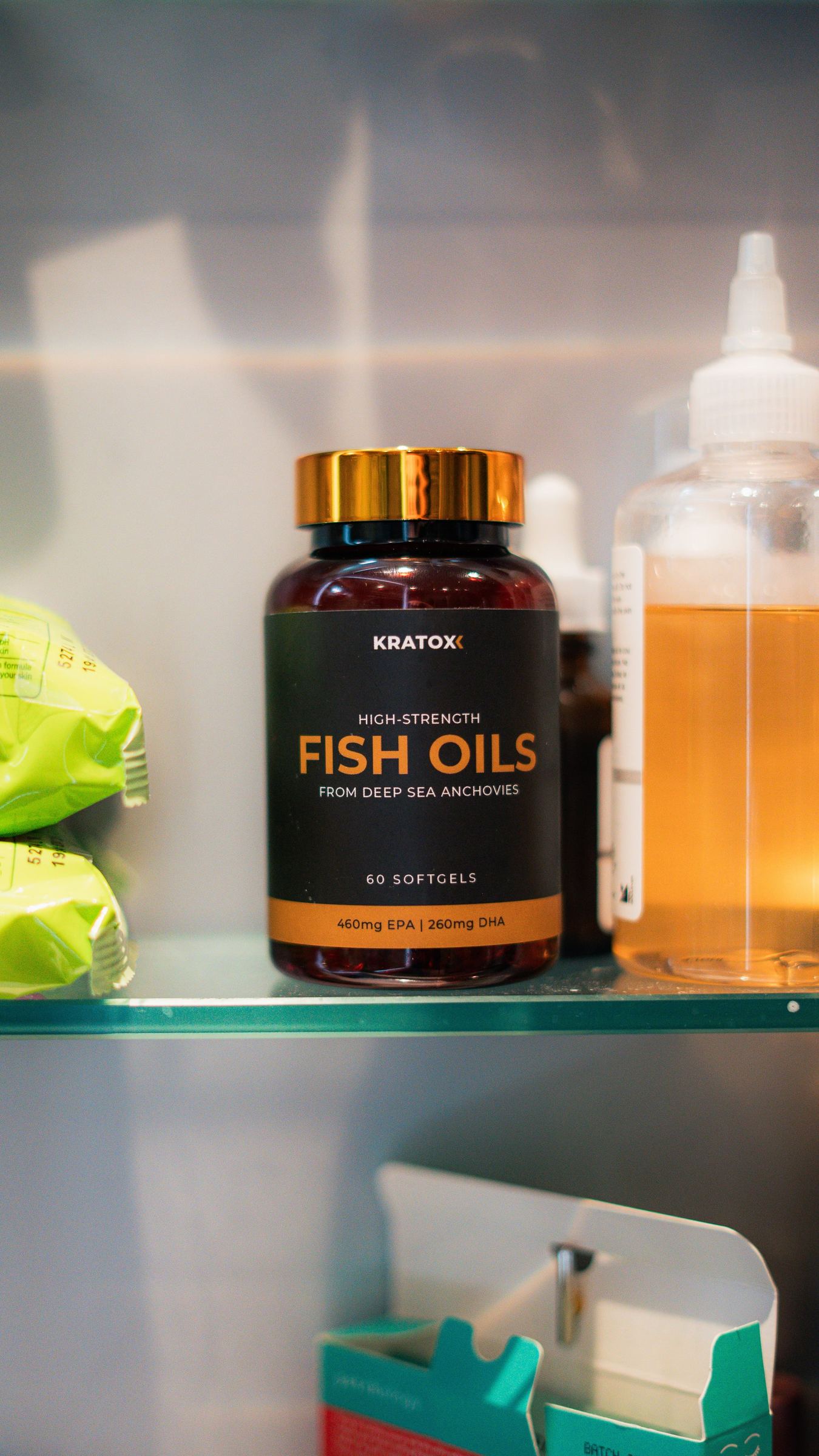 Fish Oils bottle photographed in a fridge