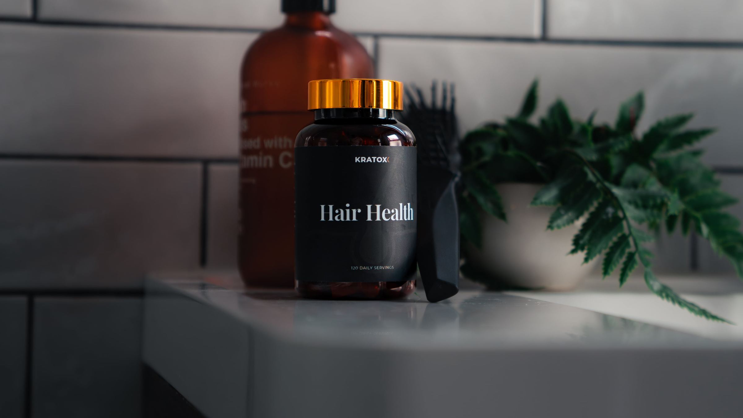 Hair Health on a bathroom shelf