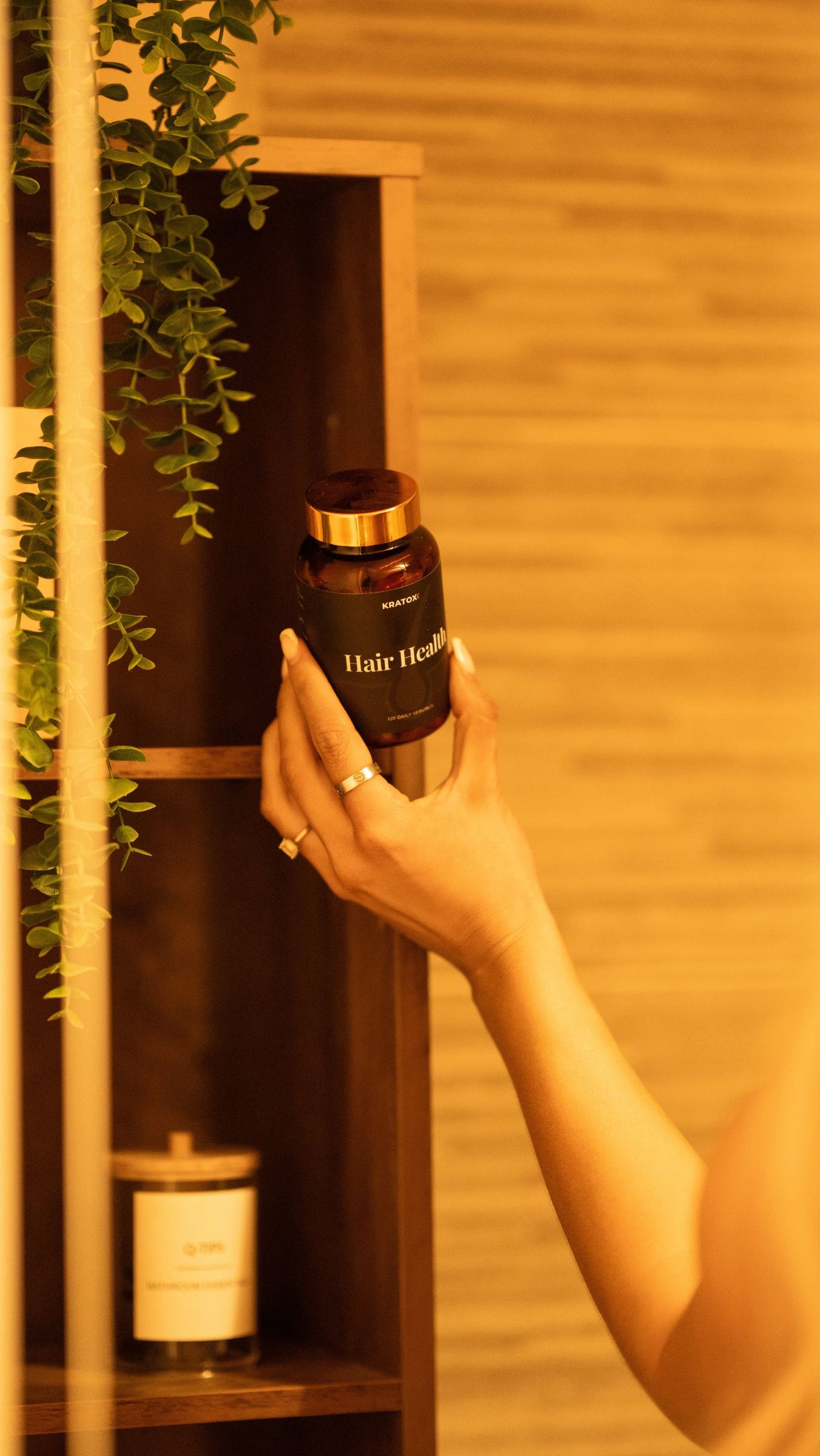Hair Health product in a bathroom mirror scene
