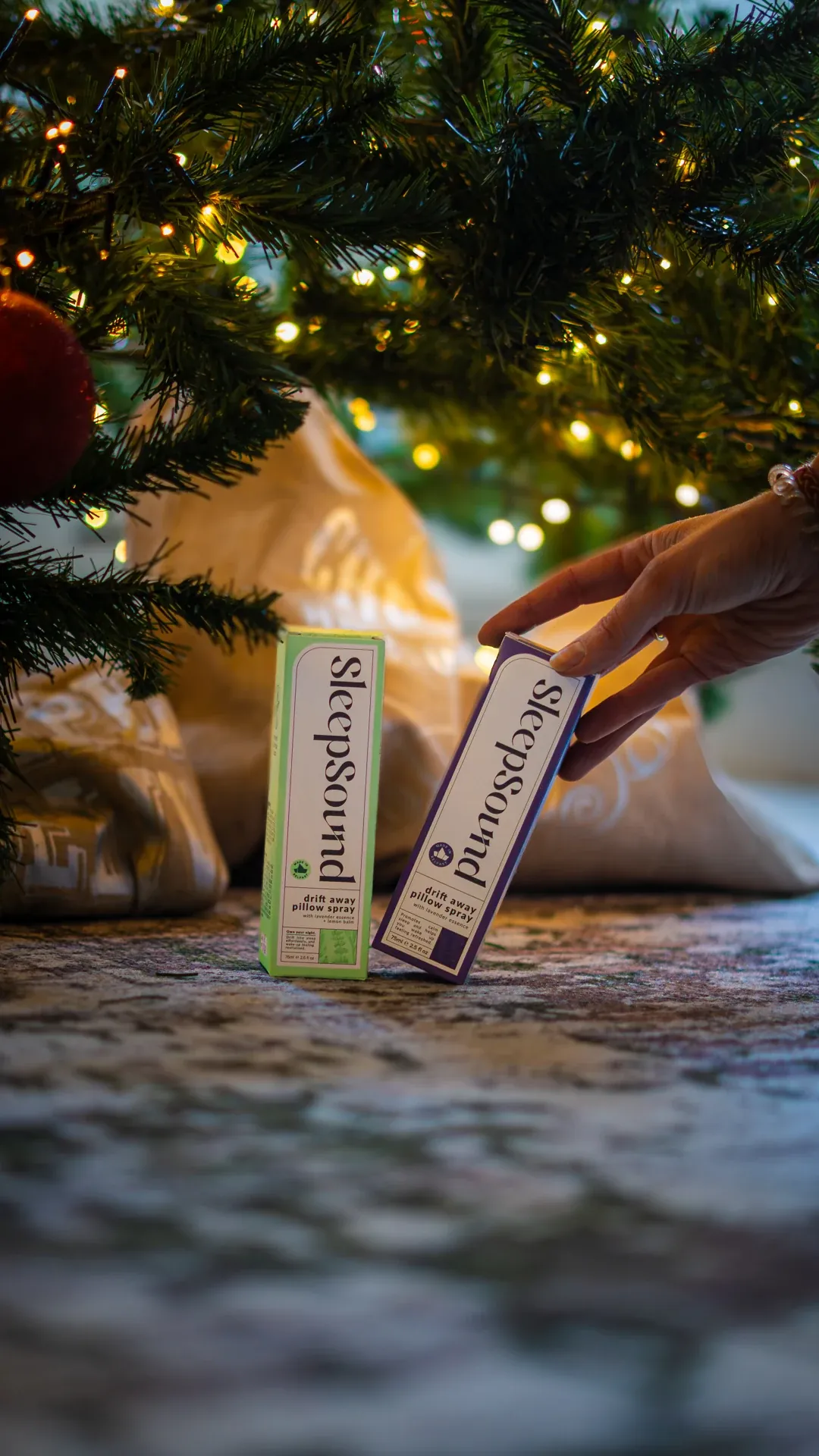 Seasonal product styling with warm Christmas lights