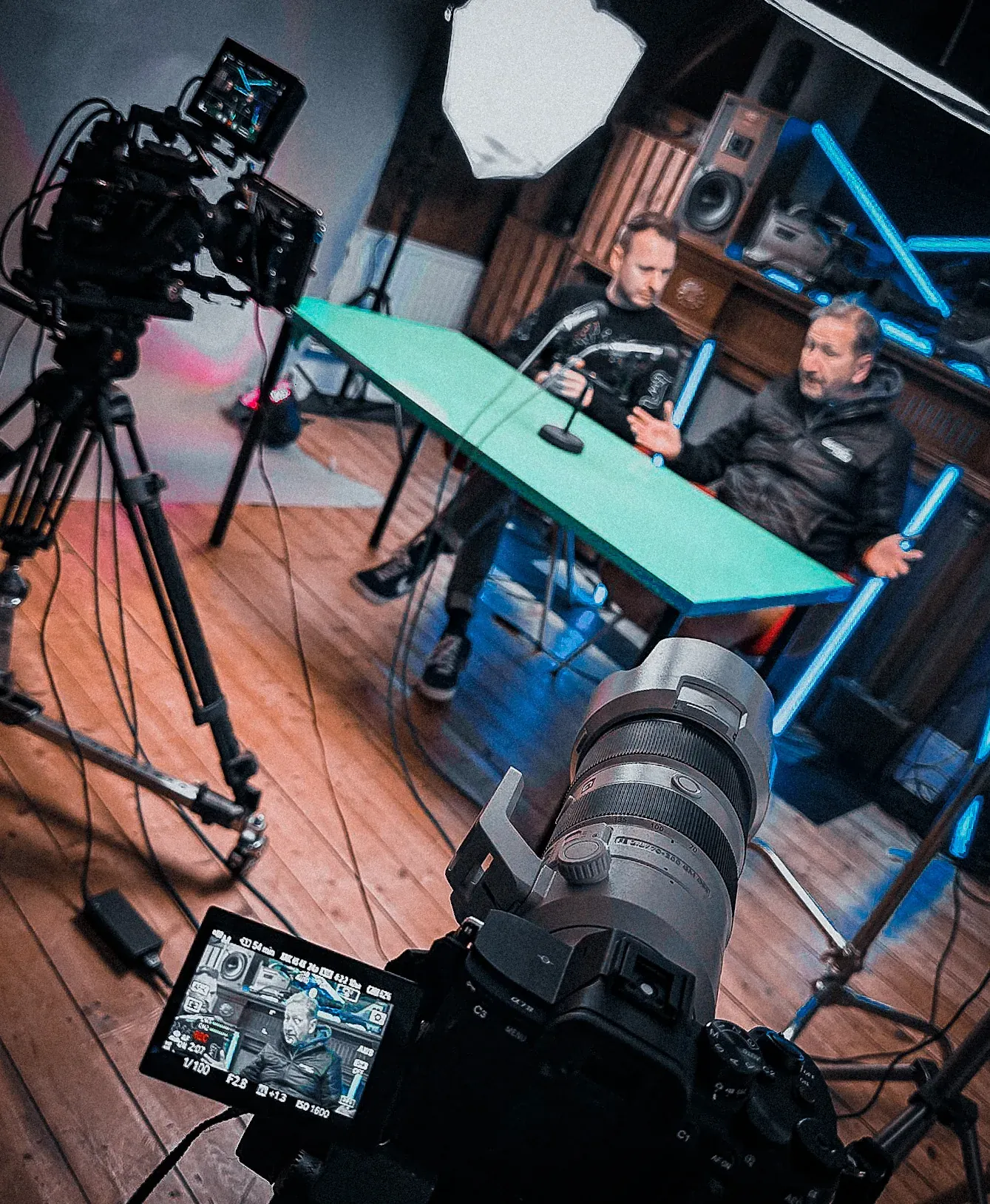 Close-up of a camera rig and production equipment