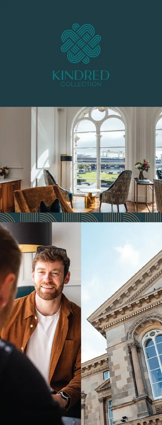 Kindred editorial design combining photography and teal panels